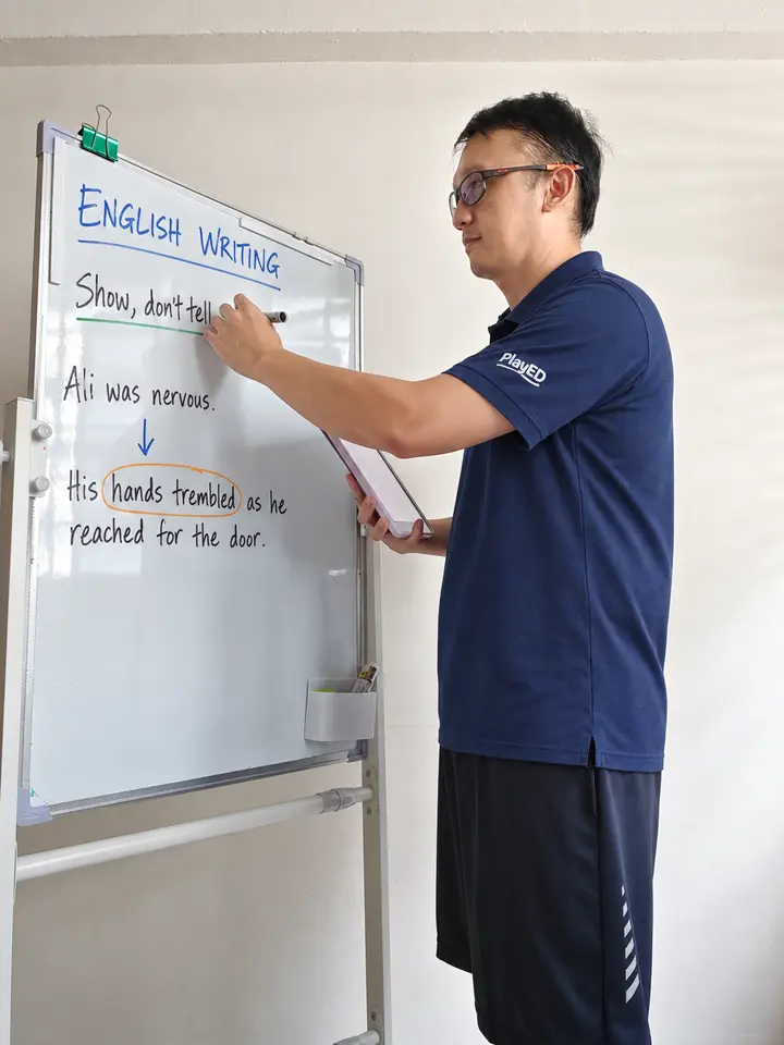 Dominic Chai teaching an English Writing example at the board.
