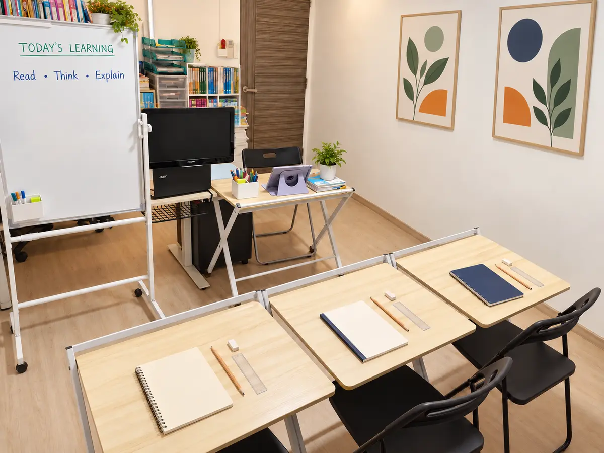 A compact home classroom prepared with three individual learner desks, a whiteboard and organised teaching materials.
