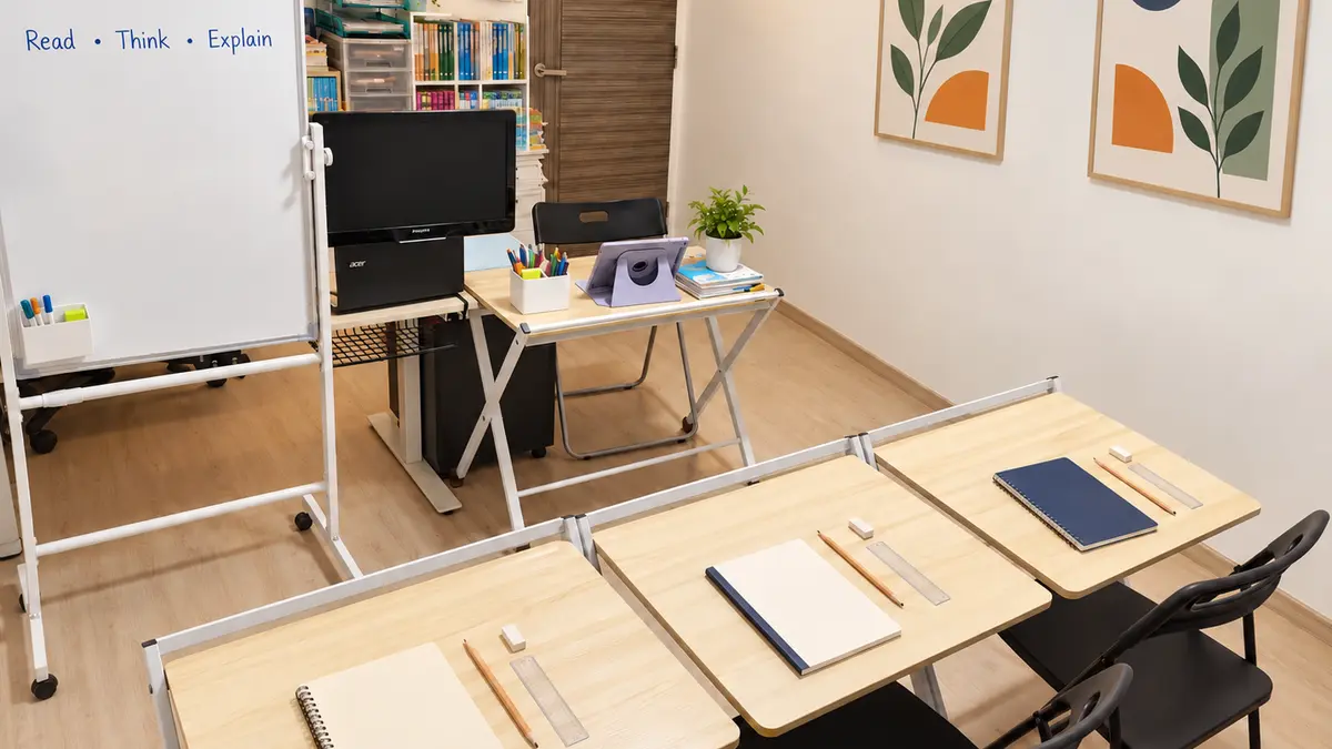 A compact home classroom prepared with three individual learner desks, a whiteboard and organised teaching materials.